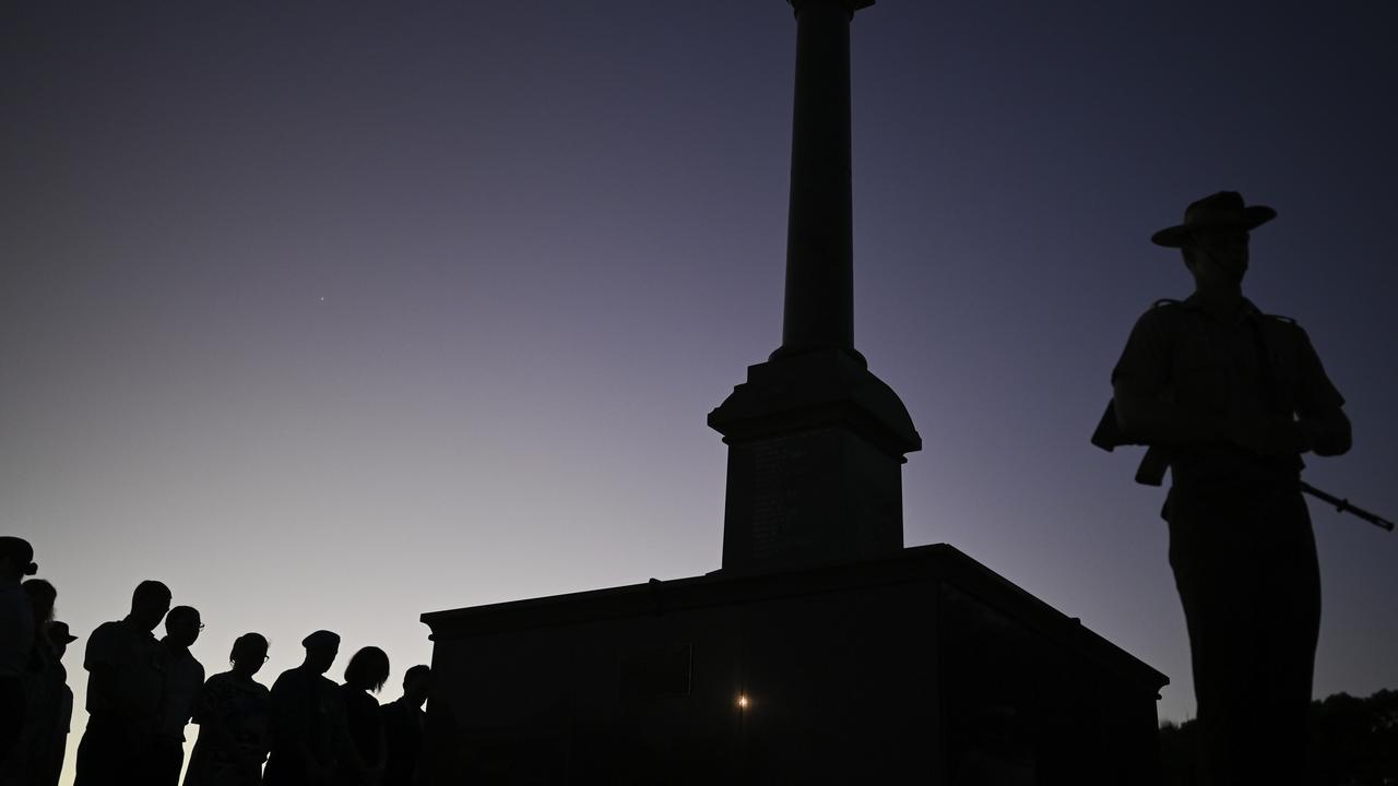 A member of the catafalque party next to the cenotaph during the Anzac Day dawn service in Darwin on, Thursday, April 25, 2019. Picture: AAP Image/Lukas Coch