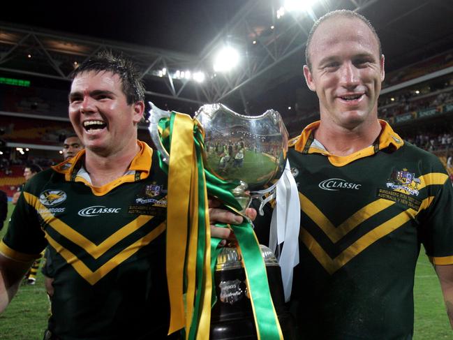 Jamie Lyon and Bailey after playing for the Kangaroos in 2007. Picture: Adam Head