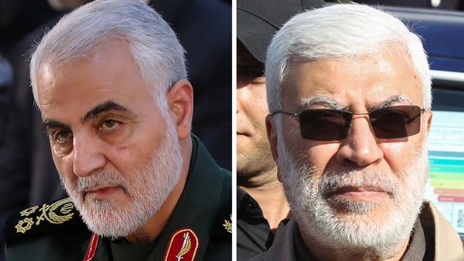 Iranian general Qassem Soleimani and Popular Mobilisation Forces leader Abu Mahdi al-Muhandis were killed in a US strike at Baghdad airport on Friday. Picture: AFP