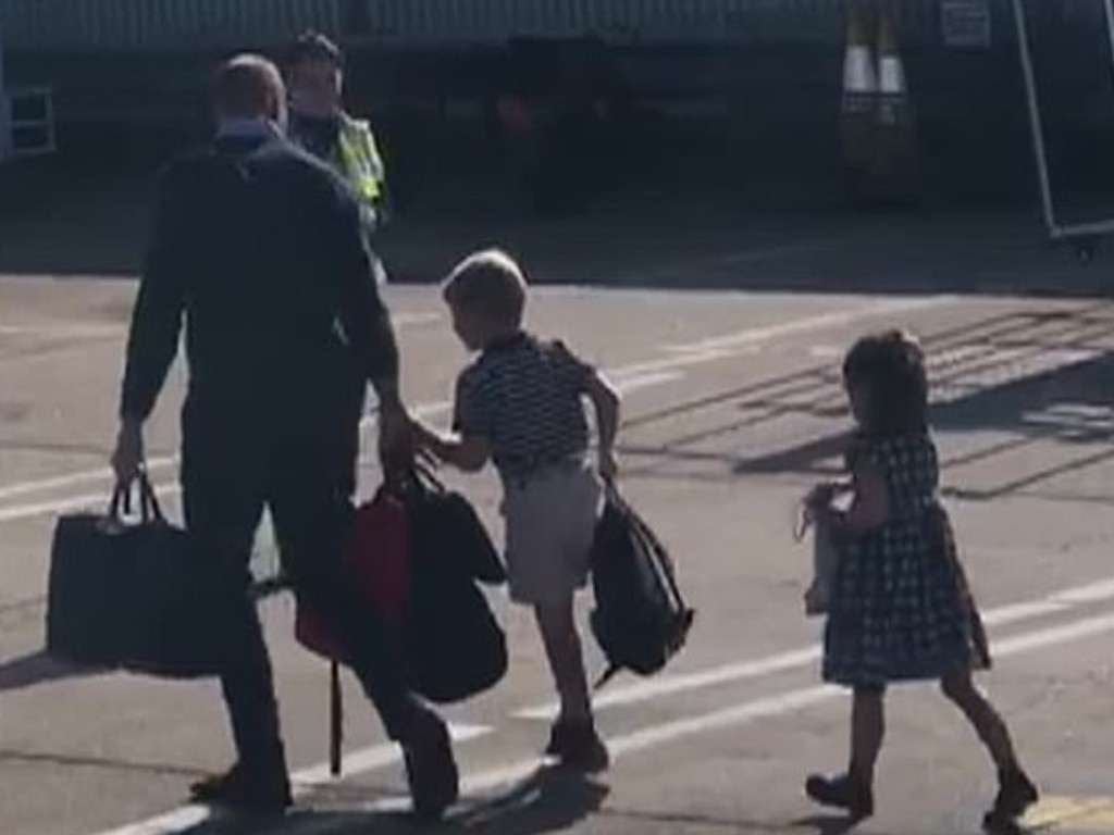 Prince William, Prince George and Princess Charlotte departing a FlyBe flight in Scotland in 2019. Picture: Instagram