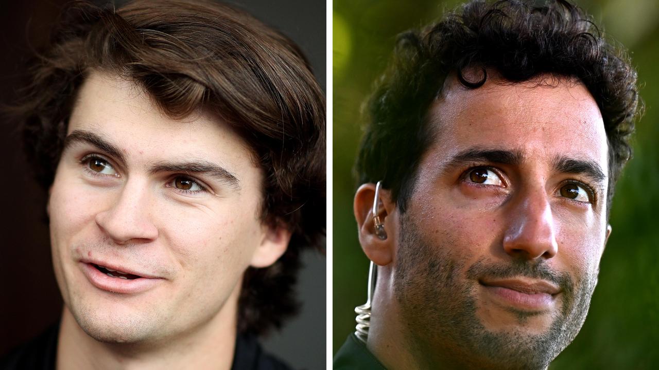 Colton Herta speaks during a press conference at Wave Street Studios ahead of the Firestone Grand Prix of Monterey on September 19, 2019 in Monterey, California (Photo by Chris Graythen/Getty Images), and Daniel Ricciardo of Australia and McLaren looks on in the Paddock during previews ahead of the F1 Grand Prix of Australia at Melbourne Grand Prix Circuit on April 07, 2022, in Melbourne, Australia. (Photo by Clive Mason/Getty Images)