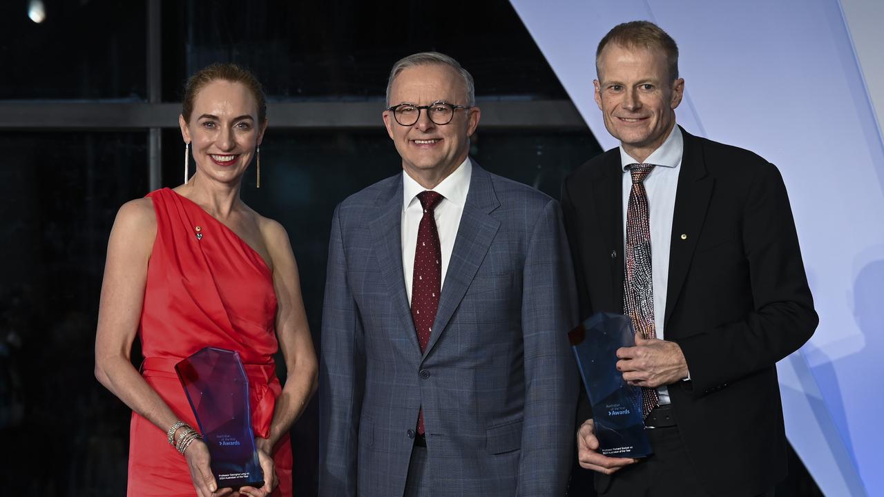 Professors Georgina Long AO and Richard Scolyer AO with Prime Minister Anthony Albanese at the 2024 Australian of the Year awards in Canberra. Picture: NCA NewsWire / Martin Ollman
