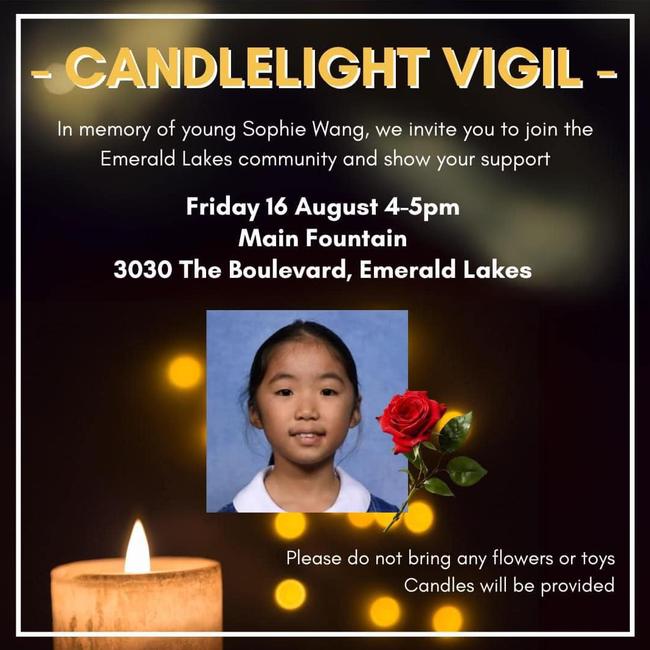 A candlelight vigil has been organised for Sophie Wang.