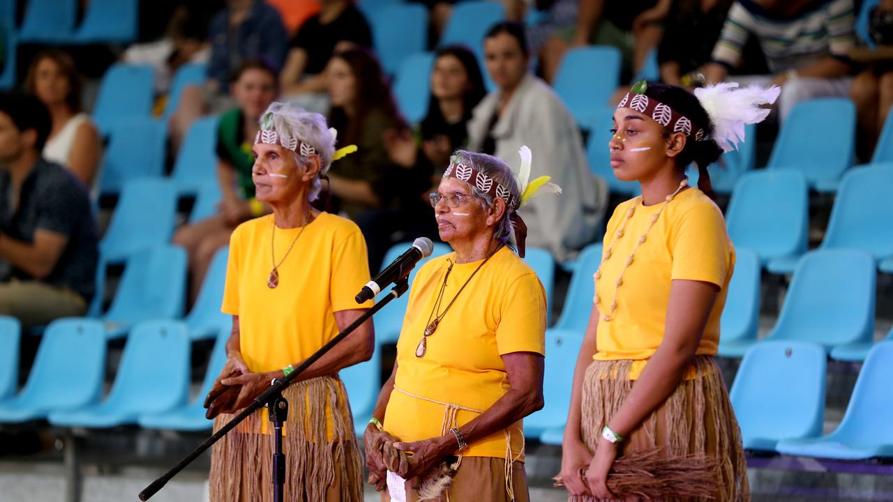 Super Netball game between Fever and Giants at Cairns pop up stadium. Traditional Indinji elders Elaine Thomas, Theresa Dewar and Amariah Savage do welcome to country. PICTURE: STEWART McLEAN