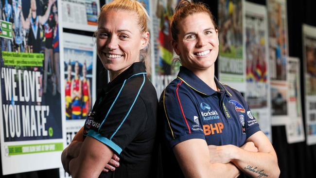 Crows captain Chelsea Randall and Power star Erin Phillips. Picture: Russell Millard