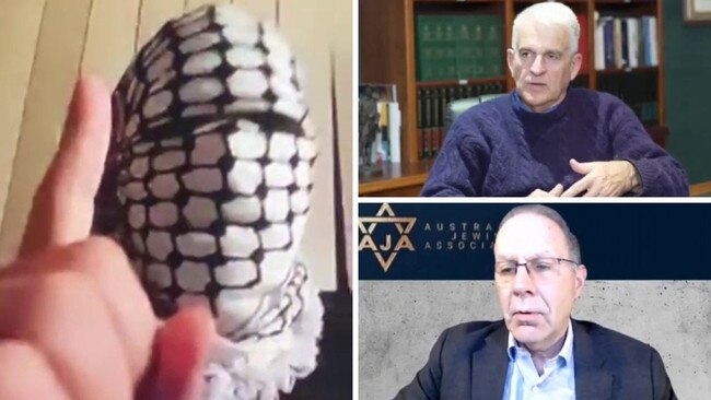 Students from the USYD Muslim Encampments group dressed as terrorists orchestrated a ‘Zoom bombing’ of an Australian Jewish Association event, featuring former deputy prime minister John Anderson, top right, and AJA president David Adler, bottom right.