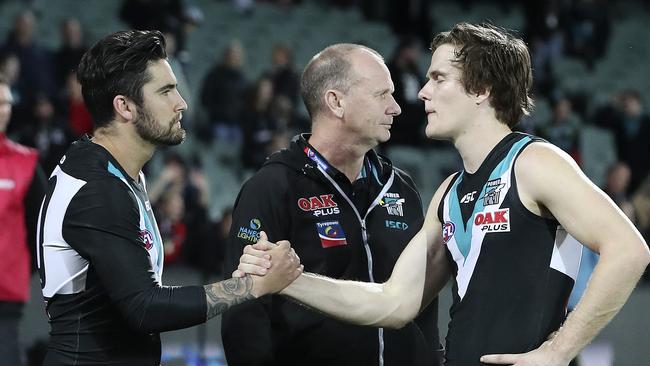 Departed Port stars Chad Wingard and Jared Polec after their last game in Power colours against Essendon. Picture Sarah Reed