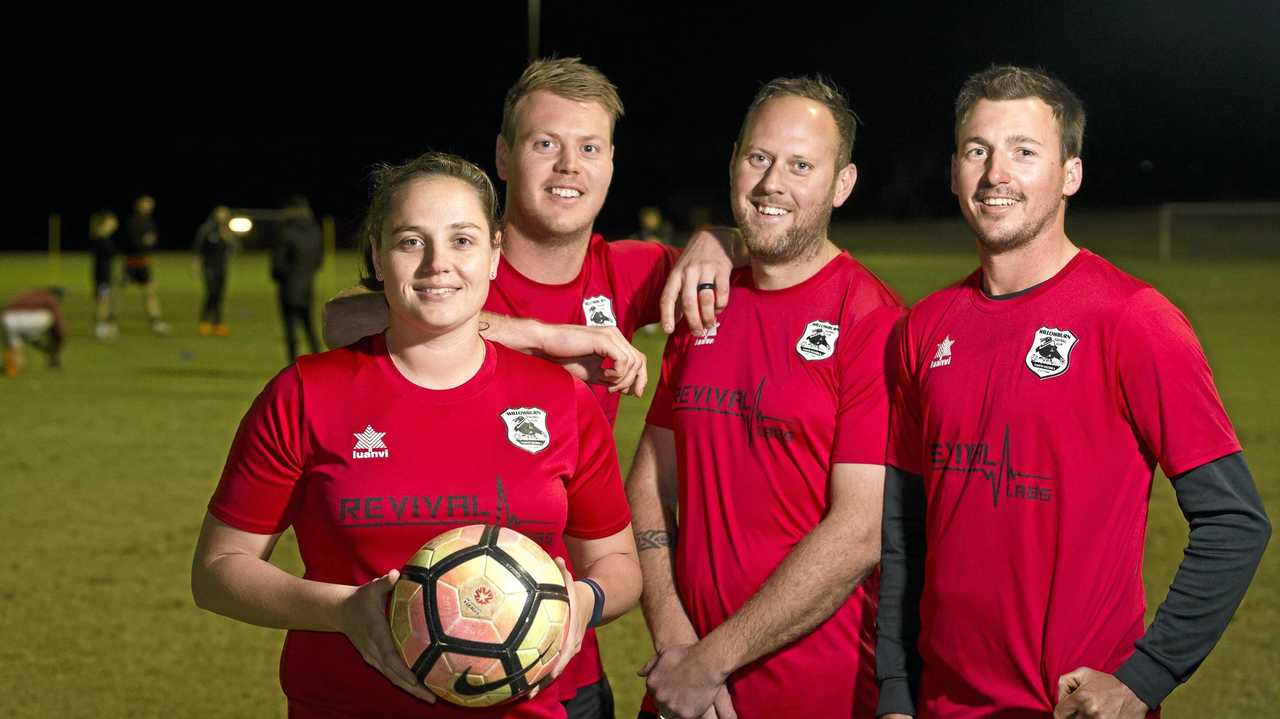 FINAL COUNTDOWN: Willowburn FC players (from left) Kiama Gray (Premier Women), Brenton Gietzel (Championship), Brad McMurray (Conference) and Brodie Welch (Premier Men) are ready to captain their teams in the Toowoomba Football League grand final matches tomorrow. Picture: Kevin Farmer