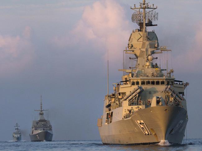 Royal Australian Navy Anzac Class frigate HMAS Perth and Collins Class submarine HMAS Rankin deployed to take part in Exercise Bersama Shield 2015 in the South China Sea. Picture: Defence