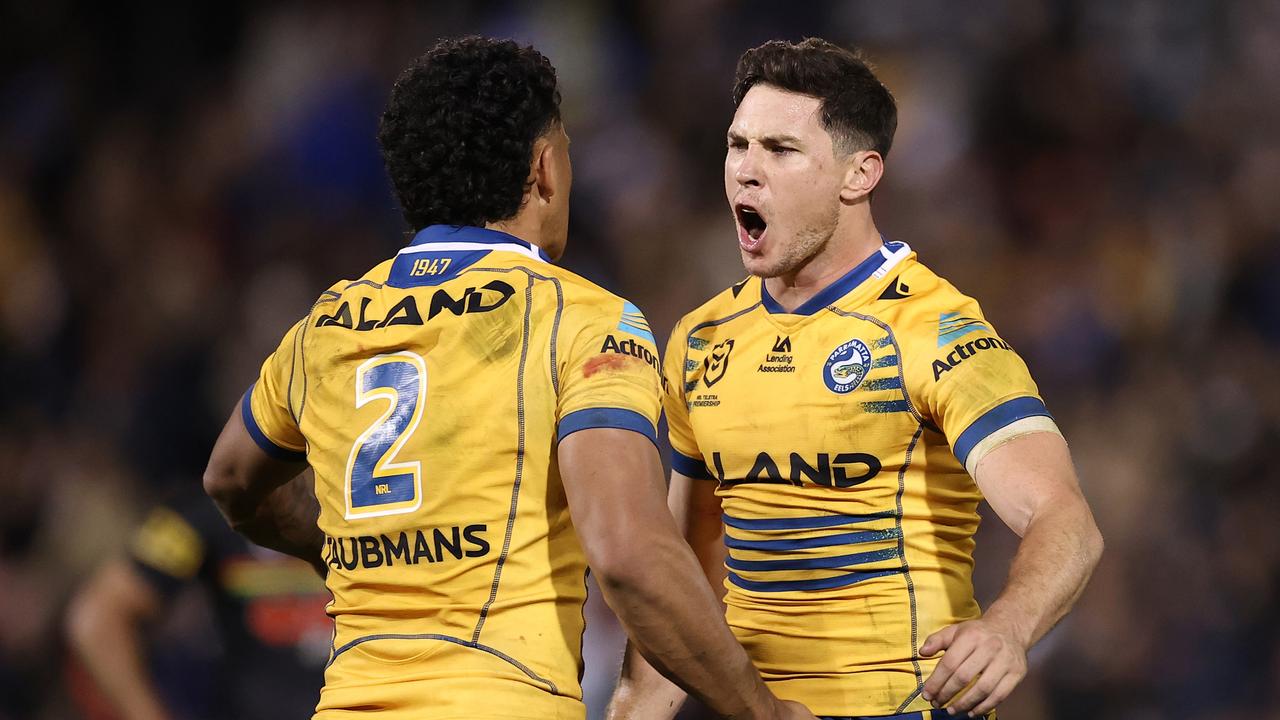 Penrith, AUSTRALIA - MAY 06: Mitchell Moses of the Eels celebrates winning the round nine NRL match between the Penrith Panthers and the Parramatta Eels at BlueBet Stadium on May 06, 2022, in Penrith, Australia. (Photo by Cameron Spencer/Getty Images)