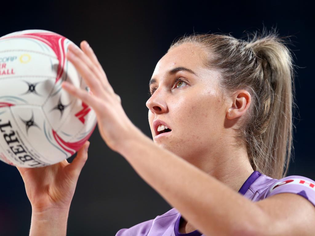 Mia Stower of the Firebirds warms up ahead of round four of the Super Netball between GWS Giants and Queensland Firebirds at Ken Rosewall Arena. Picture: Jason McCawley/Getty Images