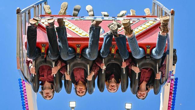 Loxton High School year 10 students Hunter Walmesley-Cotham and Javen Gum testing the No Limit ride at the Royal Show. Picture: Brenton Edwards