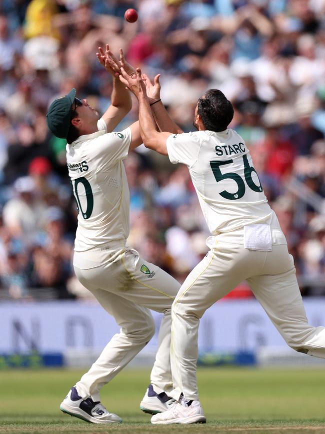 Pat Cummins collides with Mitchell Starc.