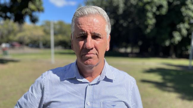 Burdekin MP Dale Last holds a press conference in Dean Park, in South Townsville. He expresses concerns for funding allocation for the relocation or upgrade of the South Townsville Fire Station. Picture: Chris Burns