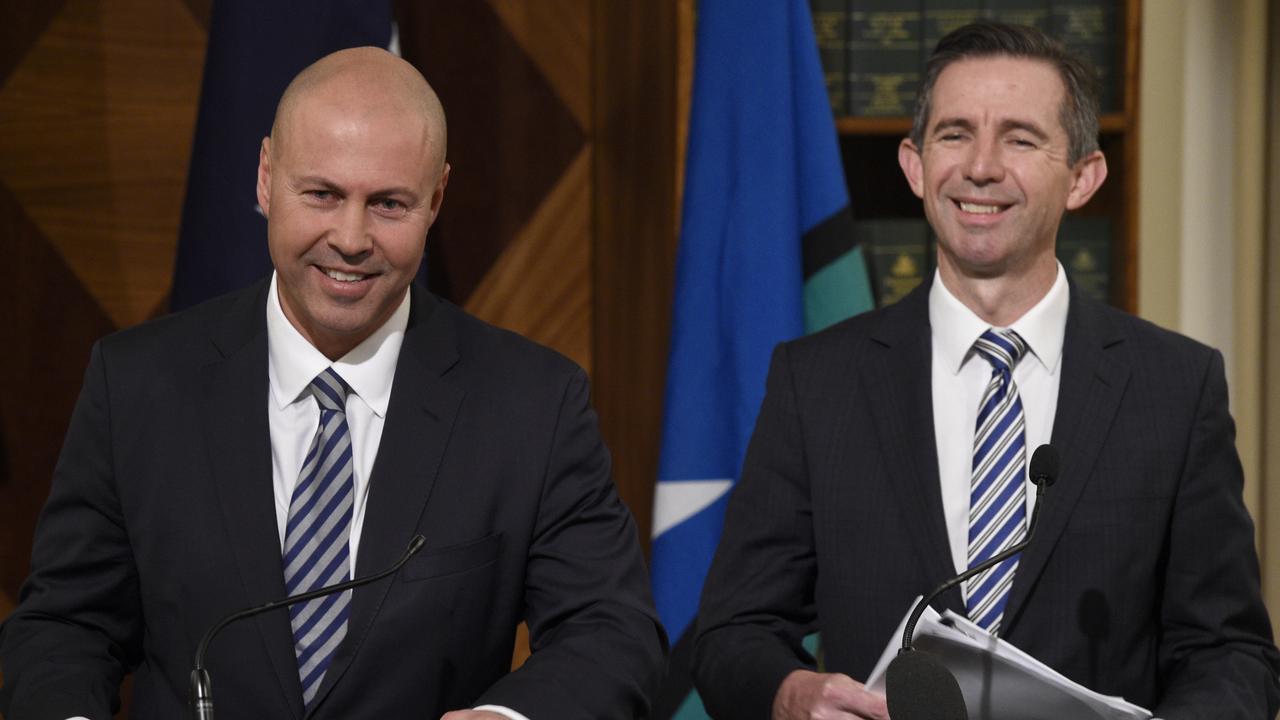 Treasurer Josh Frydenberg and Finance Minister Simon Birmingham speak at a press conference in Melbourne on the ABS Labour Force data and respond to the release of Labor's costings. Picture: NCA NewsWire / Andrew Henshaw