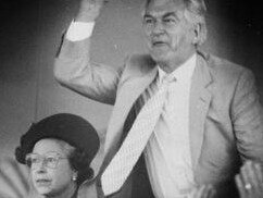 The late Queen Elizabeth II was photographed with former Australian prime minister Bob Hawke at the races in 1988. Picture: Bruce Postle