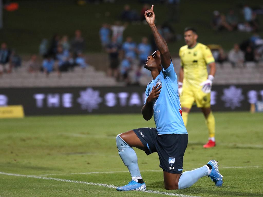 Luciano Narsingh celebrates his first A-League goal. Picture: Jeremy Ng/Getty Images