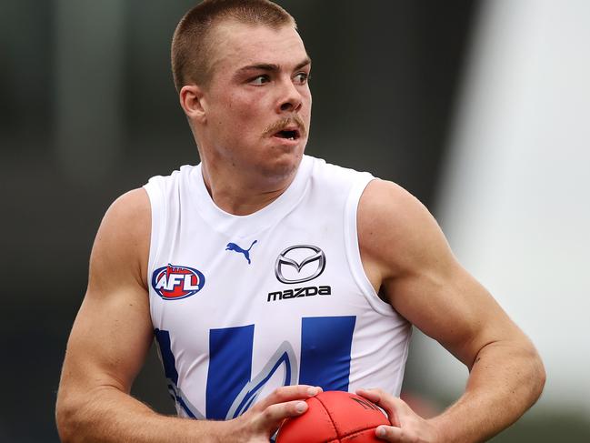 MELBOURNE.  24/02/2022.  AFL practise match . Melbourne vs North Melbourne at Casey Fields, Cranbourne.   Cameron Zurhaar of the Kangaroos during the 2nd qtr.      . Photo by Michael Klein