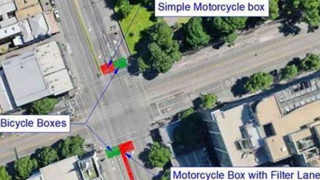 Aerial view of how a motorcycle box might look at the intersection of Latrobe and King streets, Melbourne. Image: ARRB/Google