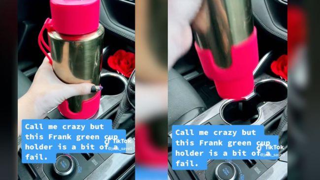 That's a fail. The bottles become stuck to the frank green cup holder. frank green's cup holder goes everywhere with you - literally! Image: TikTok / @jess_says0