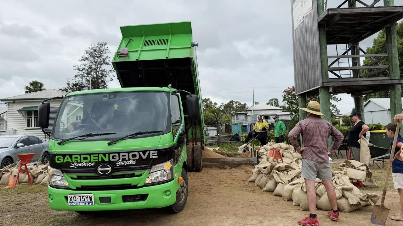 South Burnett Council preparing sandbags to deliver at Hivesville. Source: Jane Erkens/South Burnett Flood Watch