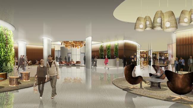 Wrest Point refurbishment: Artist's impression of the Hotel Lobby with Birdcage Bar and internal wall gardens.