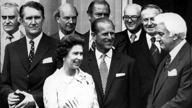 Prime Minister Malcolm Fraser with Queen Elizabeth II, Prince Philip and Governor General Sir John Kerr in Canberra during royal visit in march, 1977