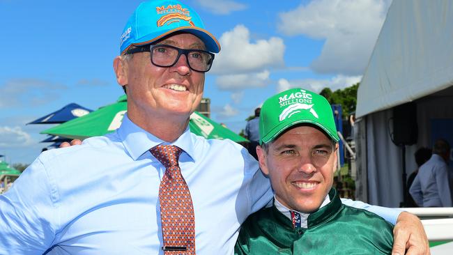 David Vandyke and jockey Ryan Maloney after Alligator Blood’s win in the Vo Rogue Plate at Eagle Farm, Brisbane. Picture: Trackside Photography