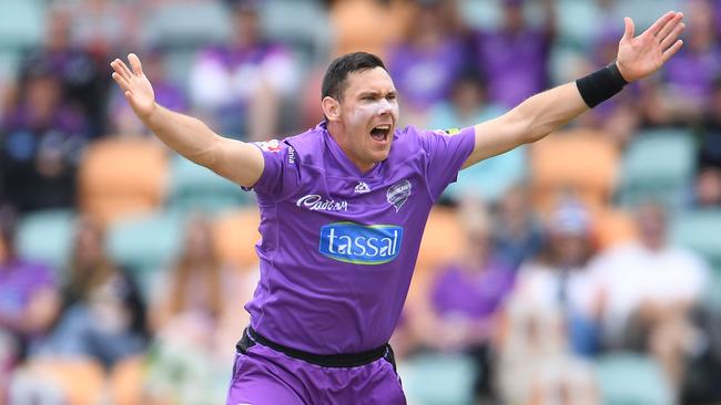 Scott Boland appeals for the wicket of Mohammad Nabi of the Renegades during the Big Bash League match between the Hobart Hurricanes and Melbourne Renegades at Blundstone Arena, on December 19, 2020, in Hobart, Australia. (Photo by Steve Bell/Getty Images)