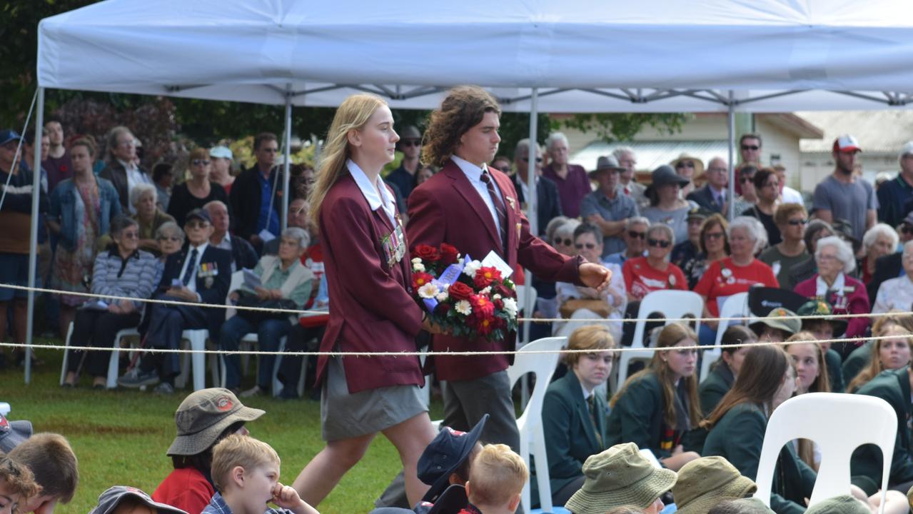 The captains of Alstonville High School lay down a wreath at the War Memorial during the ANZAC DAY Ceremony in Elizabeth Ann Brown Park Picture: Nicholas Rupolo.