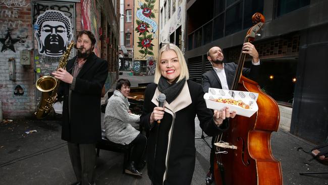 Melbourne musicians Julien Wilson on sax, Andrea Keller on piano, Gian Slater on vocals and Sam Anning on bass bring the New York jazz vibes to Melbourne's AC/DC lane to celebrate the launch of the MEL&amp;NYC Festival. Picture: Andrew Tauber