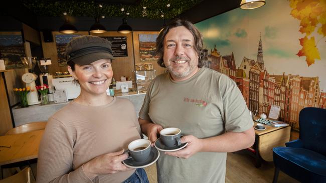 New cafe Little Amsterdam owners Lucy and Ben Carpenter at Battery Point. Picture: Chris Kidd