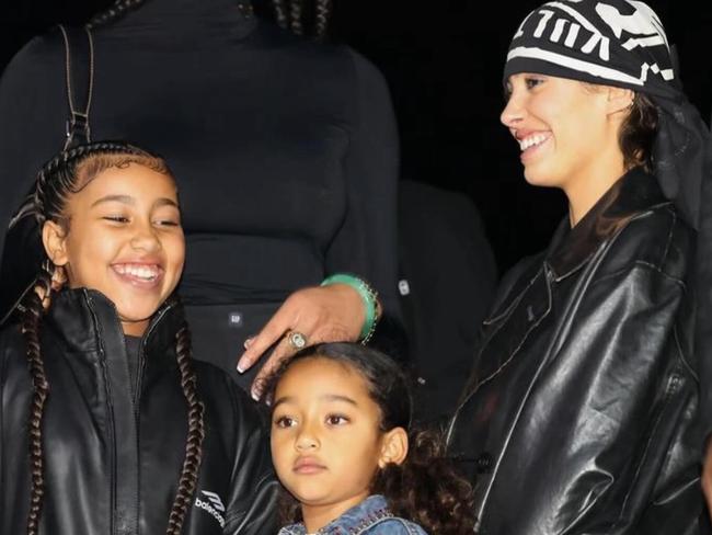 Censori, pictured with Kanye West’s daughters North and Chicago, is reportedly close with the rapper’s four children.