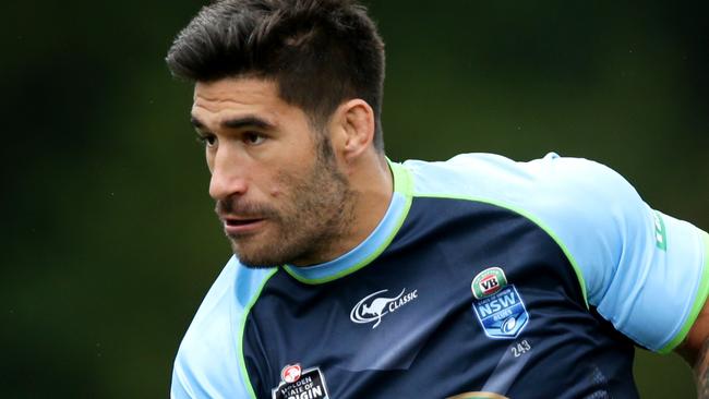 James Tamou during warm up for the NSW Blues final training session before they depart for Brisbane . Novotel Coffs Harbour . Picture : Gregg Porteous