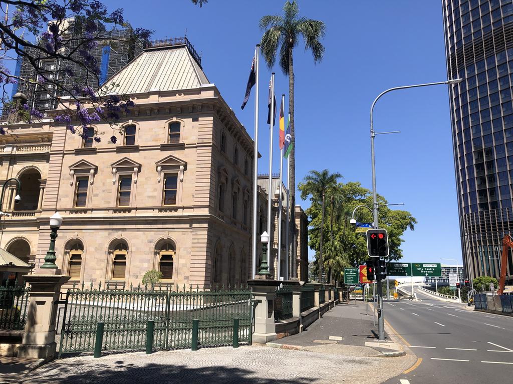 all flags were at full mast outside Parliament House in Brisbane on the morning after the Voice referendum. Picture: Shaye Windsor