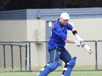 Mt Waverley VSDCA playing coach Michael Sheedy cuts during his hundred against Croydon.