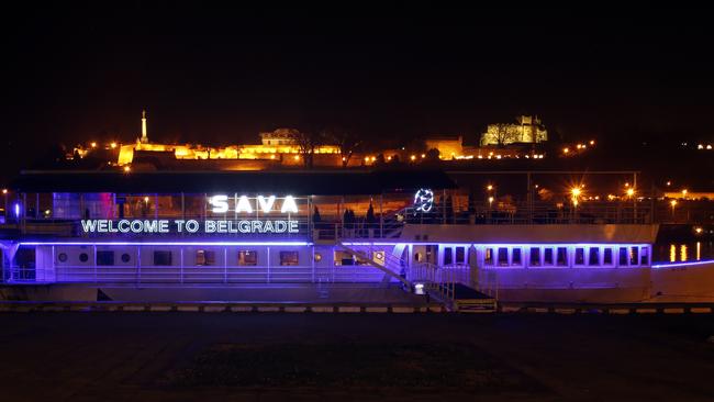 A raft restaurant floats on the Sava River in Belgrade.