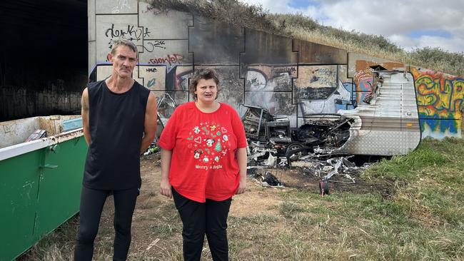 Craig Smith and Rebecca Thomas lost all their belongings when their caravan was set on fire. Picture: Natalie Vikhrov