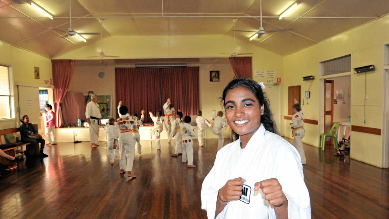 RISING STAR: Vahlsala Naidu prepares to instruct a Toowoomba Renbukan Karate class. The 15-year-old is enjoying a rich vein of form having won the kata and kumite divisions at both the Australian Renbukan Karate Championships and the Bayside Titles (Brisbane). Picture: Jason Gibbs