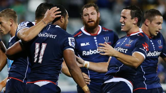 The Rebels celebrate thir first win in Canberra.