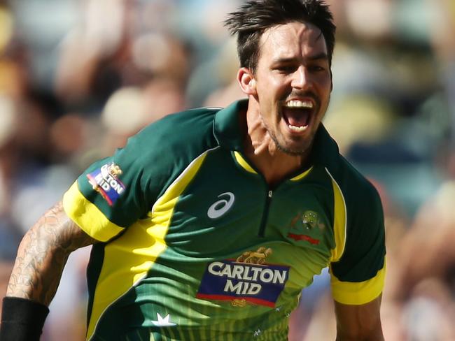 PERTH, AUSTRALIA - FEBRUARY 01: Mitchell Johnson of Australia celebrates taking the wicket of Eoin Morgan of England during the final match of the Carlton Mid One Day International series between Australia and England at WACA on February 1, 2015 in Perth, Australia. (Photo by Matt King/Getty Images)