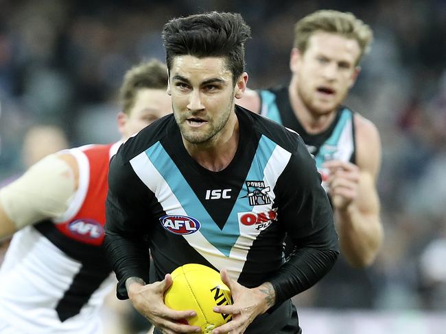 07/07/18 - AFL - Port Adelaide v St Kilda - Round 16 at the Adelaide Oval. Chad Wingard goes forward. Picture SARAH REED