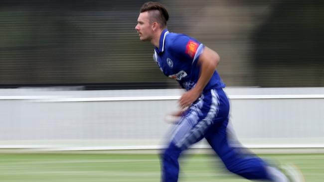 Liam Marshall of Bankstown bowls against Campbelltown-Camden in round three at Raby Oval 1.