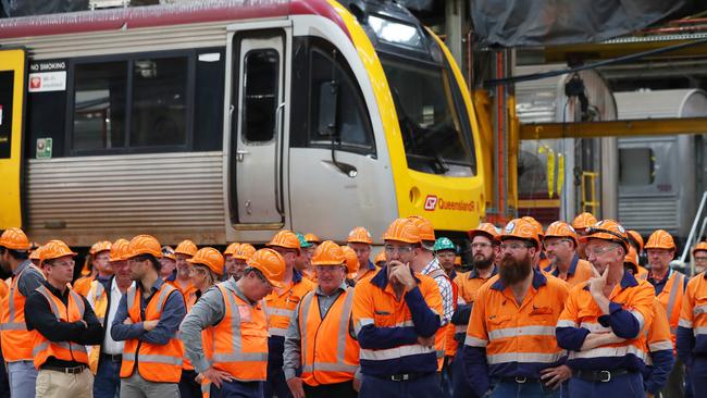 Workers inside the Downer Rail Manufacturing facility at Maryborough during the state governments announcement to deliver the new train program. Picture: Lachie Millard