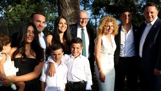 The Abdallah and Sakr families with Anthony Albanese at the memorial in Oatlands on Saturday. Picture: Damian Shaw