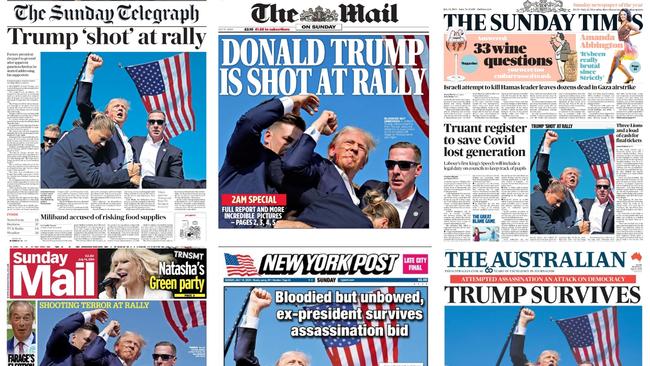 Newspaper splashes featuring the picture of former President Donald Trump following the shooting in Pensylvannia.