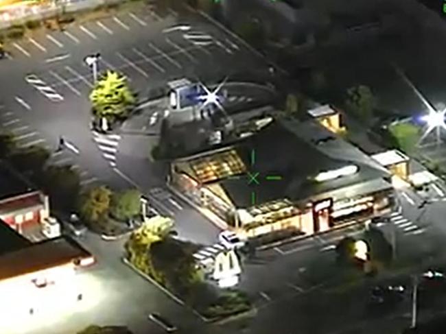 Police footage captured the aftermath of a shooting at Sunbury McDonald's in August 2019, where officers "bunkered down" in the restaurant while their car was shot at and rammed. Picture: Supplied via Melbourne Magistrates Court