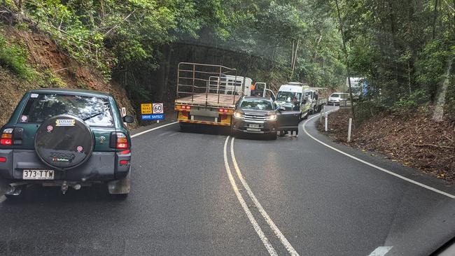 A crash involving a car and a truck closed both lanes of the Kuranda Range road two weeks ago. Picture: Andrew Hewinson