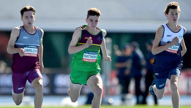 Daniel Harlow (QLD), Max Matthews (TAS) and Maddox Wilson (VIC) compete in the Boys Under 15 100m (Combined Event).