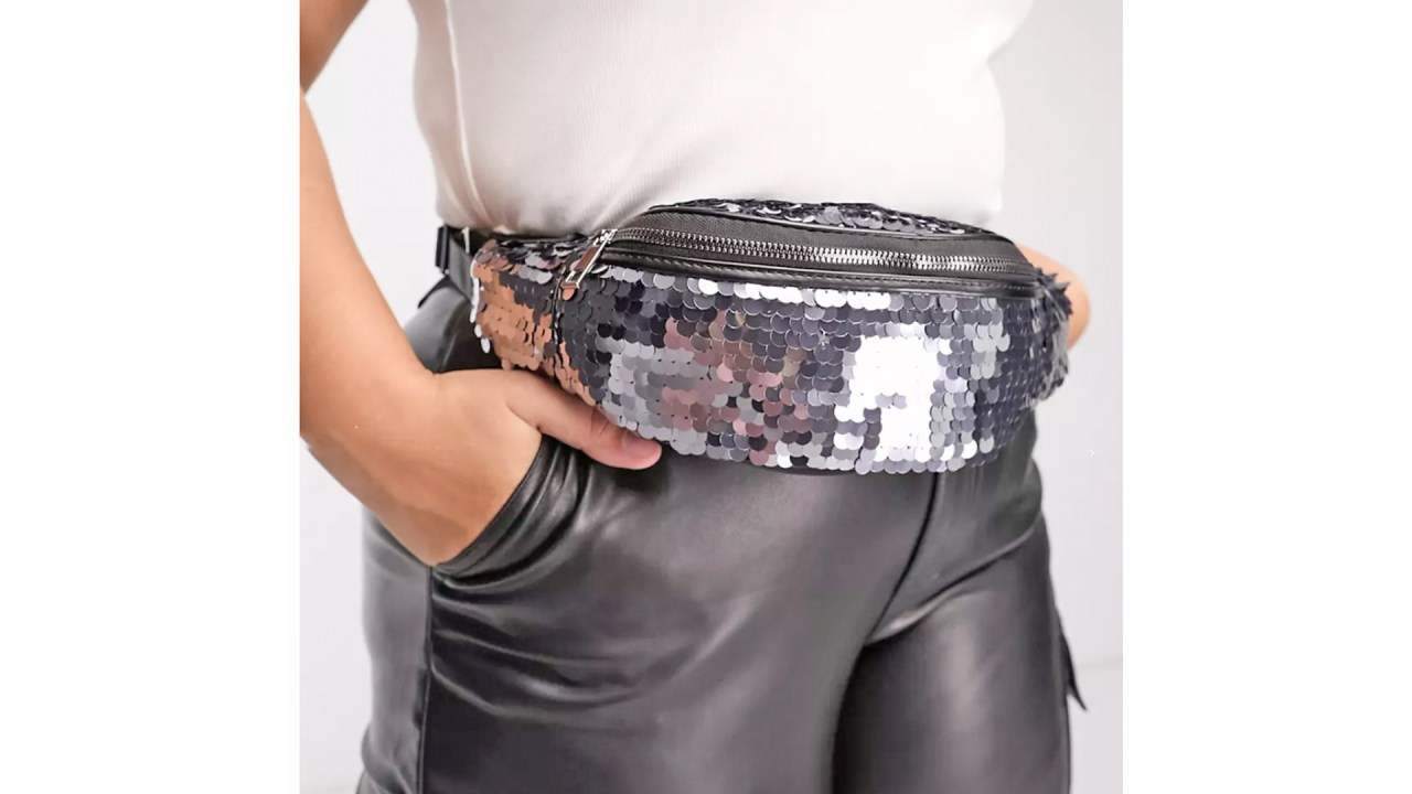 ASOS DESIGN sequin fanny pack in silver